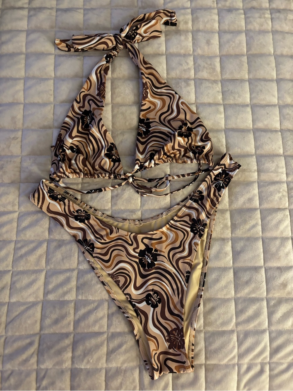 Garage Brown, Cream, and Black Swirl Bikini Set Women’s Size L